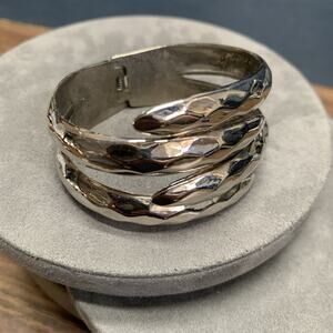 Vintage Silver Tone Textured Spring Cuff Bracelet